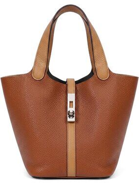 Women's Brown Tan Vegan Leather Satchel Tote Handle Lock Design Bucket Purse